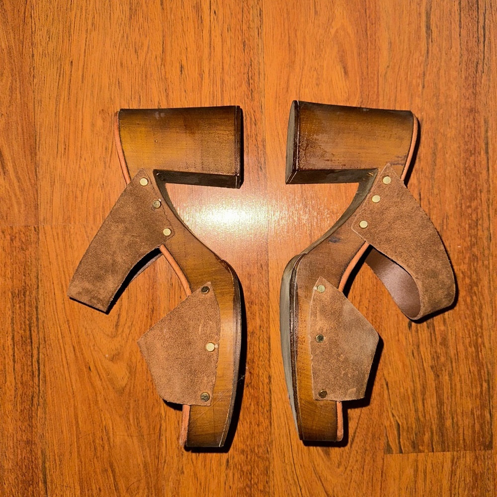 Italian Leather Brown Wooden Platform Sandals